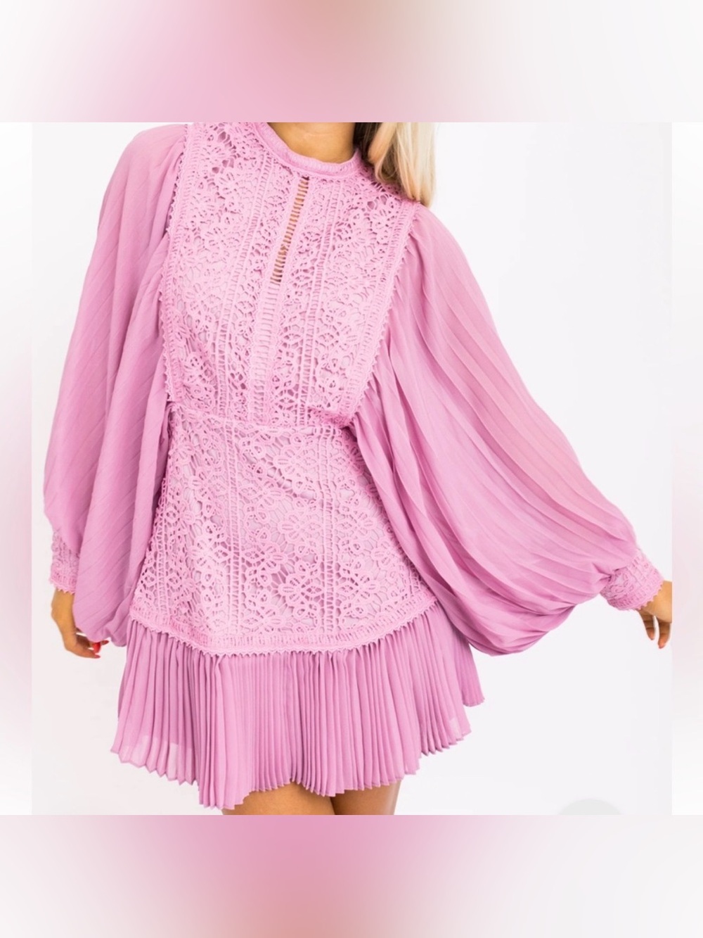 Fate Lilac Crochet & Pleated Blouson mini dress